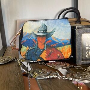 Western Cowboy Canvas Zip Pouch in Blue, Red, Orange
